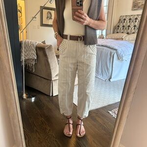 Pearl by Lela Rose Beige and White Striped Slim Barrel Leg Chinos